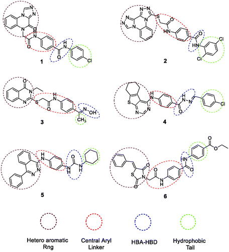 Figure 1. Some reported VEGFR-2 inhibitors with the essential pharmacophoric features of VEGFR-2 inhibitor agents.