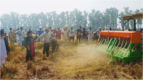 Figure 5. Scientists demonstrating the sowing process of wheat with Happy Seeder Technology to farmers.