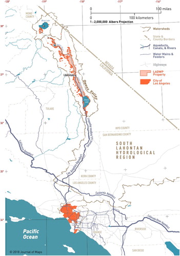 Figure 3. Map of Los Angeles, its Aqueduct, and the expanse of property owned by the LADWP in Owens Valley, California. By the author. Albers projection, North American Datum 1927. Sources: (CitationCalifornia Department of Water Resources, 2013; CitationCalifornia Fire and Resource Assessment Program, 2002; CitationJones, 1999; CitationLABOE (Los Angeles Bureau of Engineering), 2015; CitationLos Angeles Department of Water and Power & Ecosystem Sciences, 2010, fig. 5.2; CitationLos Angeles Department of Water and Power, 2010, fig. 8C; CitationMetropolitan Water District of Southern California, 2012; CitationRaumann, Stine, Evans, & Wilson, 2002; Sauder, Citation1994, fig. 8.2; CitationUnited States Geological Service, 2003). Note: Complexity of this figure was optimized for onscreen viewing and print, refer to the full-size supplemental map for all the nuanced graphic tactics discussed in the article.
