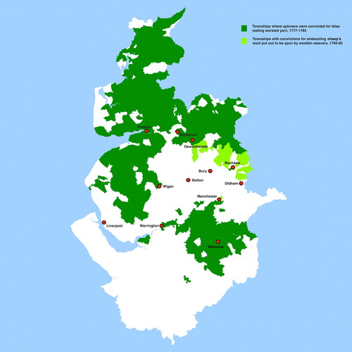 Fig. 12. Lancashire and Cheshire townships with convictions for frauds in worsted or woollen spinning, 1765–1785. Sources: Lancashire Record Office, QSB/1: Lancashire Quarter Sessions Recognisance Rolls, summary convictions for embezzlement and associated offences, 1765–1786; Greater Manchester Record Office, GB 127.MS f 338.4 W1: ‘An Account of Frauds and Embezzlements Committed by the Spinners and Others Employed in the Worsted Manufactory’, 1778–1783.