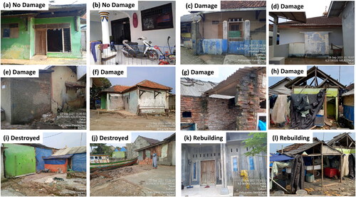 Figure 15. Building area affected by tsunami based on the field survey: (a) no damage; (b) no damage; (c) damage; (d) damage; (e) damage; (f) damage; (g) damage; (h) damage; (i) destroyed; (j) destroyed; (k) rebuilding; and (l) rebuilding (Image taken: September 2021).