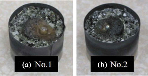 Figure 3. (a) Views of the solidified simulated ex-vessel debris after experiment no. 1 and (b) after experiment no. 2