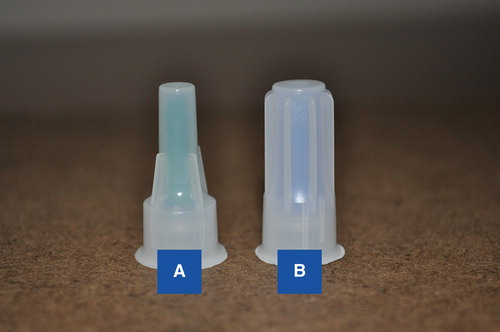 Figure 3. Modification of the redesigned pen device. Change from conical (A) to cylindrical (B) needle cap to mitigate use error observed in the pre-validation studies.