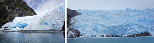 Figure 3. Fronts of Helado (left) and Sarmiento de Gamboa (right) glaciers in December 2018. Photographs by Paulo Rodríguez.