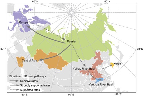 Figure 3. Spatial diffusion of the HA gene segment of the sub-clade 2.3.4.4b2 H5 virus. The red dots indicate the sampling site in central China. The bold grey arrow indicates decisively supported diffusions (BF ≥ 1000); solid grey arrows, strongly supported diffusions (10 ≤ BF < 100); and dashed grey arrows, supported diffusions (3 ≤ BF < 10).