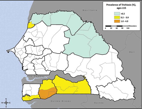 Figure 4. Prevalence of trichiasis in the 17 districts mapped for trachoma, Senegal, 2014.