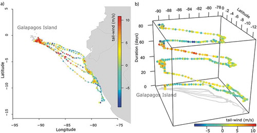 Figure 2. Mapping a GPS trajectory of a Galapagos Albatross using (a) 2D spatial, and (b) 3D space-time cube representations. A series of points over time represents the (a) spatial locations and (b) spatio-temporal coordinates of recorded GPS fixes. A line connecting the points in the order of time represents the bird’s path as a) a 2D trajectory and (b) a 3D space-time path. In (a), a simple canvas map (white areas representing water and gray areas representing land) is used as a geographic frame of reference. In (b), a gray line represents the geographic footprint of the 3D space-time path. Tailwind support as an environmental context variable is represented using graduated colors. The albatross was tracked during June–September 2008 with a temporal sampling rate of 90 minutes (Dodge et al., Citation2013). The permission to re-use this figure is granted to the author through the Creative Commons Attribution License 4.0