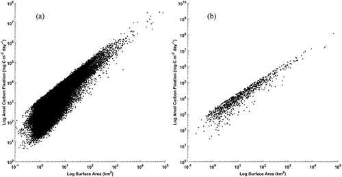 Figure 10. Log-log plots of individual lake area and total carbon fixation for all 80,000 lakes grouped by hemisphere (northern (a), southern (b))