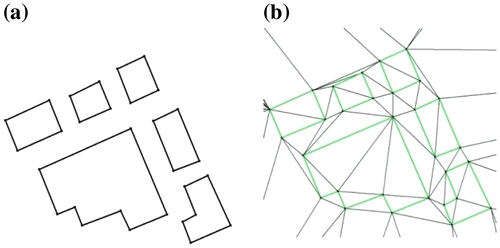 Figure 12. (a) Building outlines; (b) Constrained triangulation.