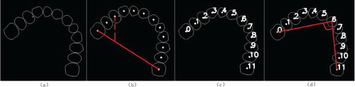 Figure 12. (a) The desired contours. (b) The auxiliary line helping numbering. (c) The result of numbering. (d) The angle feature.