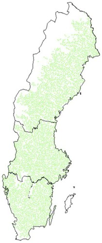 Figure 2. Äbin inventory stands located in northern, southern and central Sweden. Each dot represents the location of each stand and boundaries show the division of different regions.