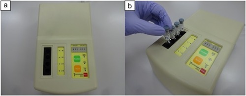 Figure 1 (A) Automatic LAL test device (Toxinometer ET-mini™). The device measures 27.7 cm (length)×17.6 cm (width)×8.5 cm (height), with a total weight of 2.4 kg. (B) The Toxinometer ET-mini can simultaneously measure four samples.