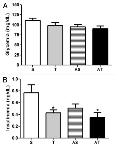 Figure 3. (A) Glycemia, and; (B) insulinemia of sedentary (S), trained (T), sedentary that performed acute exercise session (AS), and trained rats that performed acute exercise session (AT).*p < 0.05 in comparison with S group.