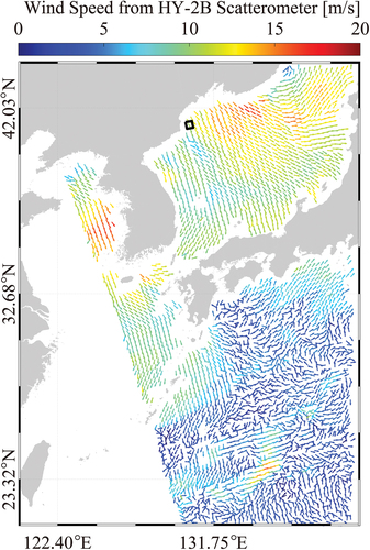 Figure 3. Wind map from HY-2B scatterometer at 08:00 UTC on 4 April 2020, in which the black rectangle denotes the spatial coverage of the image in Figure 1.