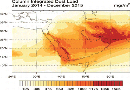 Figure 2. Dust load as average during the entire simulation period (January 2014–December 2015), from the WDE simulation.