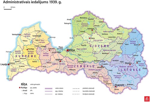 Figure 1. Historical ethnographic regions of Latvia (Provinces of the independent Republic of Latvia 1918–1940). Source: Šķiņķis, Pēteris. Administratīvi teritoriālais iedalījums Latvijā. https://enciklopedija.lv/skirklis/22981-administrat%C4%ABvi-teritori%C4%81lais-iedal%C4%ABjums-Latvij%C4%81 https://enciklopedija.lv/api/image/original?name=b22842116c16-6392855a-4633-42d8-86fb-c7c56a853485.jpg.