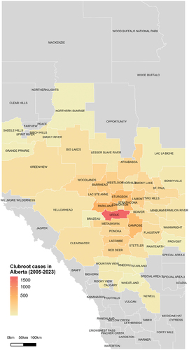 Fig. 1 Distribution of clubroot in Alberta. The disease has been diagnosed in 5,532 canola crops in the province from 2005 to 2023, representing nearly 4,000 individual fields.