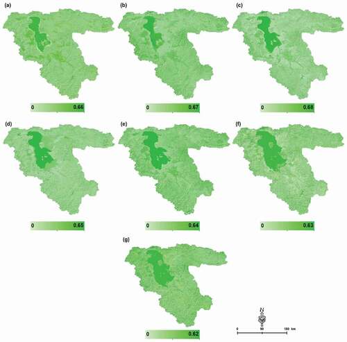 Figure 11. CART Spatial uncertainty assessment results for LULC maps based on the DST method: a) 2020, b) 2015, c) 2010, d) 2005, e) 2000, f) 1995 and g) 1990