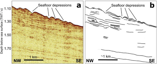 Figure 4. A,B, Interpreted boomer seismic line. This line crosses the field of seafloor depressions to the north of the Waitaki Canyon (see Figure 2 for line location). The seafloor depressions are underlain by turbulent strata characteristic of a sediment wave field. There is evidence of truncated sediment layers along the walls of the depressions; however, due to the small size of the structures this is difficult to resolve.