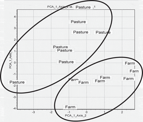 Figure 1. Plot of the first two PC loading vectors. The labels correspond to pH, chemical, and technological parameters.