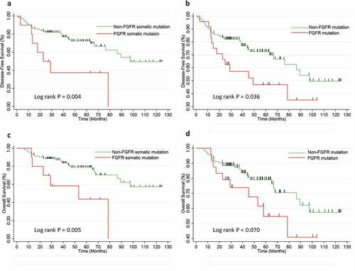 Figure 2. FGFR genes mutation status and overall (OS) and disease-free survival (DFS) in SCC patients.