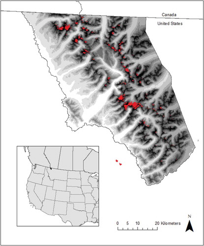 Figure 1. Glacier National Park is located in northwestern Montana, U.S., and is bordered by Canada to the north. Little Ice Age glaciers (Fagre and Martin-Mikle 2018), including two southwest of the park in the Flathead National Forest, are shown in red and are located in the higher elevations (black) of the park in the Lewis and Livingston mountain ranges. Elevation data source: National Elevation Dataset, 2002; U.S. Geological Survey web site.