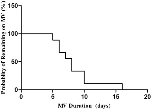 Figure 4. Probability of ARDS patients remaining on mechanical ventilation after salvage GC therapy. MV, mechanical ventilation.