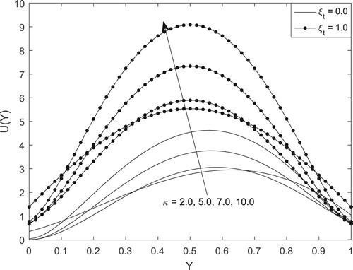 Figure 6. Velocity profile for different values of κ and ξt.