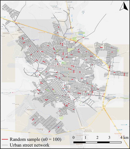 Figure 4. Urban street network, in gray, and random sample (n0 = 100 segments), highlighted in red