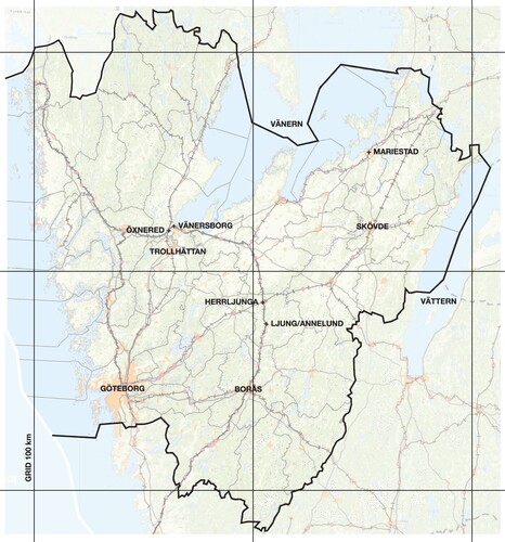 Figure 1. The West Sweden region (Västra Götalandsregionen) and the location of the three examples: Mariestad, Öxnered and Ljung-Annelund.