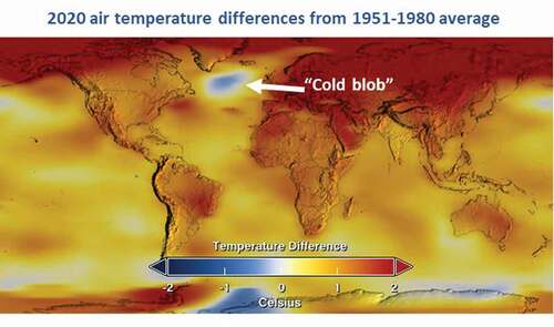 Figure 3. Near-surface temperature differences (in oC) for 2020 relative to average from 1951–1980. Figure from NASA at https://svs.gsfc.nasa.gov/4882.