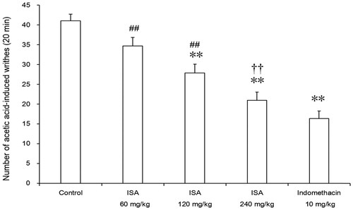 Figure 7. Effects of ISA at different doses on acetic acid-induced writhing in mice (n = 10/group). Error bars indicate standard error of mean. **p < 0.01, compared with the control group. ##p < 0.01 compared with the indomethacin group. ††p < 0.01, compared with the ISA 60 mg/kg group. The control group received distilled water (20 mL/kg), and the reference drug was indomethacin (10 mg/kg).