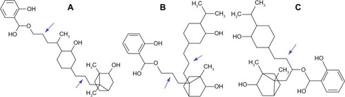 Figure 5 Chemical structure of combination ligands. Methyl salicylate-menthol-camphor (A), methyl salicylate-camphor-menthol (B), and camphor-methyl salicylate-menthol (C). The arrows show the methylene bridges artificially created to enable the possibility of docking the combination ligand with the enzyme. Note the drop in docking energy of B (−11.18 kcal/mol) when menthol and camphor position is interchanged from A (−12.68).