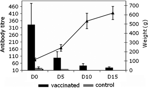 Figure 4.  ELISA titre kinetics of maternally derived antibodies in goslings hatched from vaccinated or non-vaccinated breeder geese (n = 15 birds in each group). The growth curve of vaccinated and control birds weighed throughout the study is included. Vertical bars, standard deviation. D, day of age.