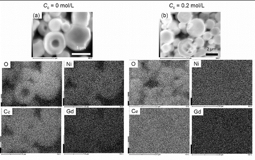 FIG. 7. EDX images of NiO-GDC particles synthesized at Cc = 0 mol L−1 and Cc = 0.2 mol L−1. (Ctotal = 0.2 mol L−1, Tf1 = 673 K, Tf2 = 1273 K, and tr = 16 s.)