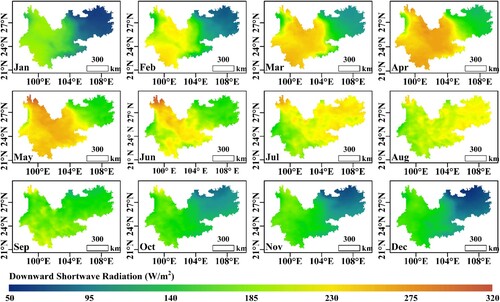 Figure 6. The spatial distribution of monthly averaged DSR over the YKP from 1984 to 2018.