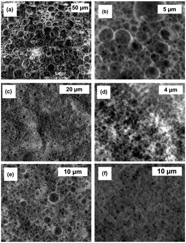 Figure 3. SEM images; influence of surfactant ratio: (a) 10%, (b) 20%, (c) 30% and (d) 40% and pore volume ratio: (e) 80% and (f) 90%.