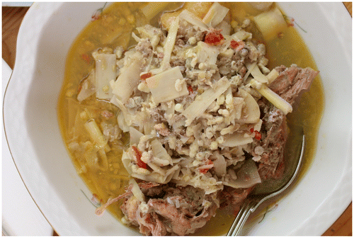 Figure 5. Kheang Nor Mai Preaw Kai Peung: soup from north-east Thailand with sour fermented bamboo shoots and weaver ant eggs, here also made with (less traditional) honey bee larvae, made by Ranee Udtumthisarn in Copenhagen.