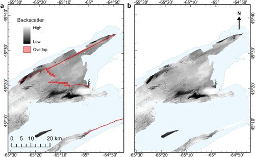 Figure 4. An intercept-only (i.e. ‘mean’) error model was used for harmonizing all same-system corrections such as the 2008 and 2009 CCGS Matthew data shown here. Backscatter measurements for two datasets are extracted at areas where raster cells overlap (a). Then, the mean backscatter error is calculated between datasets and is used to apply bulk corrections to the ‘shift’ dataset to produce a continuous mosaic (b).