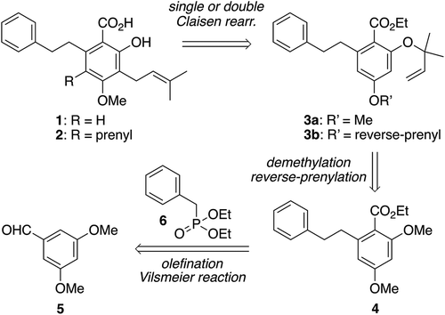 Scheme 2. Retrosynthetic analysis of amorfrutins A (1) and C (2).