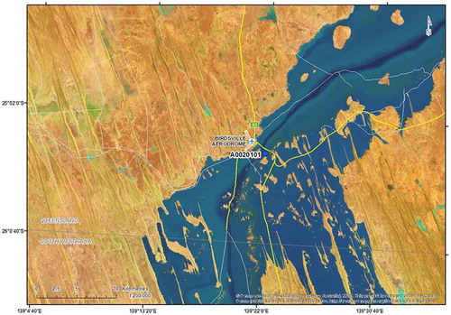Figure 2. Identification of current day transport infrastructure located near or in the extent of inundation observed during the flooding event observed on 26 February 1991.Note: The Diamantina River stream gauge is shown on this image as the blue dot labelled A0020101.