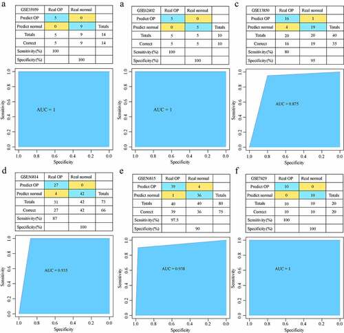 Figure 8. Development and verification of the model. (a) The classification result and ROC curve of the GSE35959 dataset sample by the diagnostic model; (b) The classification result and ROC curve of the GSE62402 dataset sample by the diagnostic model. (c) The classification result and ROC curve of the GSE13850 dataset sample by the diagnostic model; (d) The classification result and ROC curve of the GSE56814 dataset sample by the diagnostic model; € The classification result and ROC curve of the GSE56815 dataset sample by the diagnostic model; (f) The classification result and ROC curve of the GSE7429 dataset sample by the diagnostic model