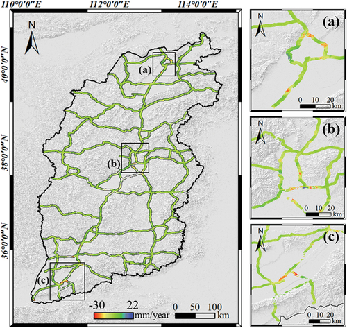 Figure 6. Deformation rate map of the expressway network in Shanxi Province. Negative value represents subsiding, positive value represents uplifting.