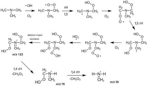 Figure 4. Proposed mechanism for the formation of temperature dependent aerosol with ion fragments at m/z 76 and m/z 122 observed by the HR-ToF-AMS (rH = hydrogen rearrangement).