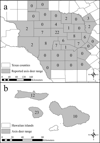 Figure 2. Spatial distribution of the free-ranging axis deer (Axis axis) sequenced for PRNP exon 3 for this study and the reported ranges of free-ranging axis deer in Texas (a) and Hawaii (b)