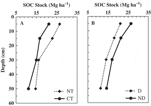 Figure 2 Soil organic carbon stock (SOC, Mg ha−1) as influenced by tillage (A; NT, no-tillage, and CT, chisel-tillage) and drainage (B; D, drainage, and ND, no-drainage) systems for the 0–10, 10–20, 20–40 and 40–60 cm depths.