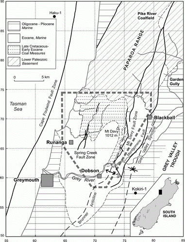 Figure 1  Greymouth Coalfield (outlined) in the setting of the major regional geological features. From its central section, the Mt Davy Fault Zone is extended southeast to the Montgomerie Fault along Gage's (1952) fault F9 (Stillwater Fault), maintaining a large easterly downthrow (see Suggate & Boyd Citation2010, appendix 1). The grid numbers are in kilometres.
