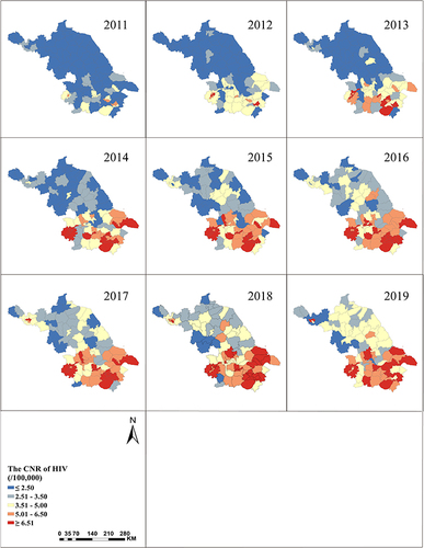 Figure 2 Spatial distribution of HIV notification rates in Jiangsu Province from 2011 to 2019.