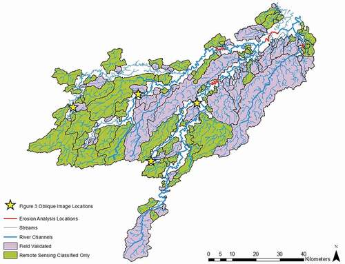 Figure 2. Field-validated catchments in the FCW, visited in July. Locations of oblique images (Figure 3) and erosion analysis (Figure 5) are also shown
