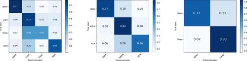 Figure 6 4-stage, 3-stage, and 2-stage confusion matrices on the PSG audio test set comparing sleep stages based on sleep technologists and network predictions. The SoundSleepNet model was trained on the PSG audio training set. In each confusion matrix, each row represents sleep stages from sleep technologists and each column shows network predictions.